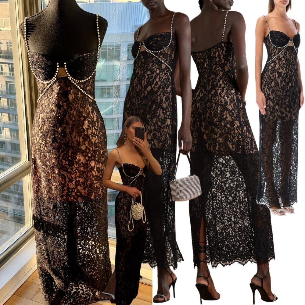 🆕 SELF-PORTRAIT 🧿 NWOT Crystal Trimmed Black Fine Lace Maxi Dress, Sz US4 UK8